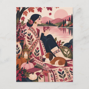 Carte Postale Rose Rétro Automne Art Populaire