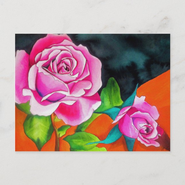 Carte Postale Rose rose avec aquarelle orange (Devant)
