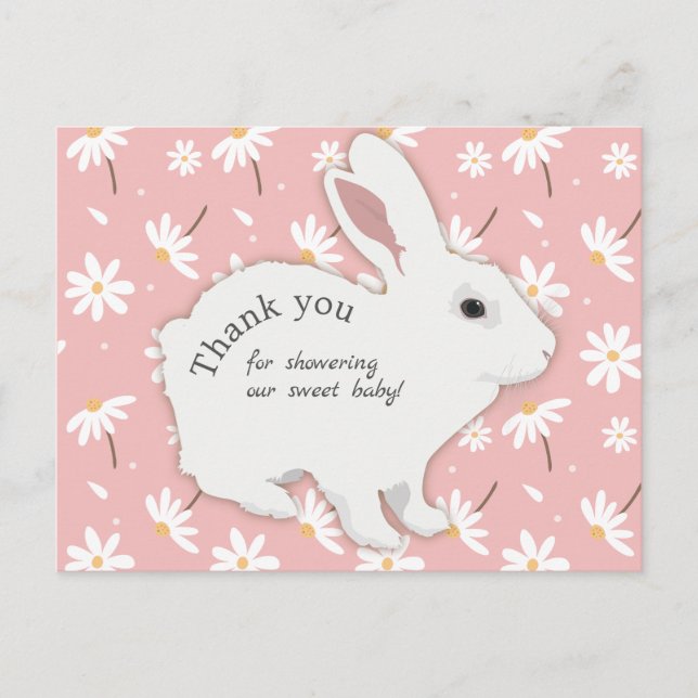 Carte Postale Rose Rose Daisées Bunny Baby shower Merci (Devant)