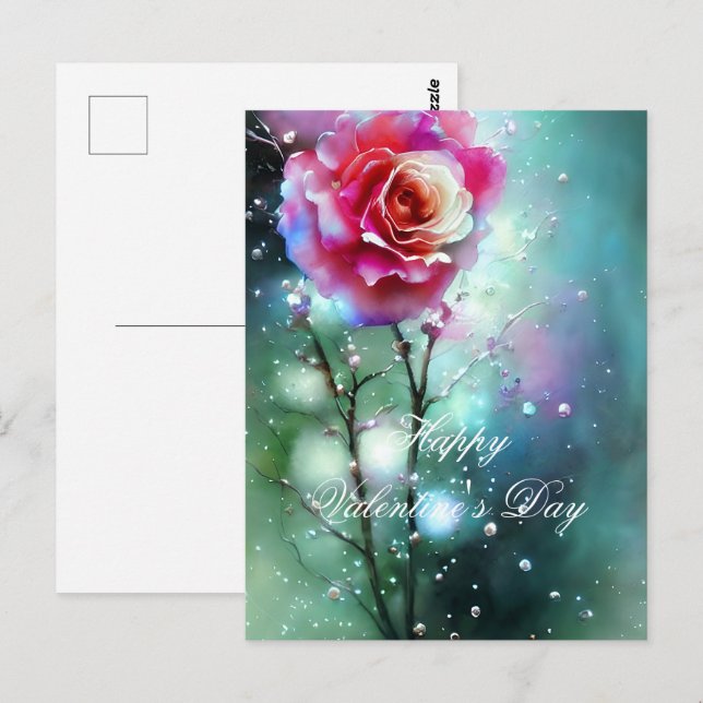 Carte Postale Rose rose en valentin pluie (Devant / Derrière)