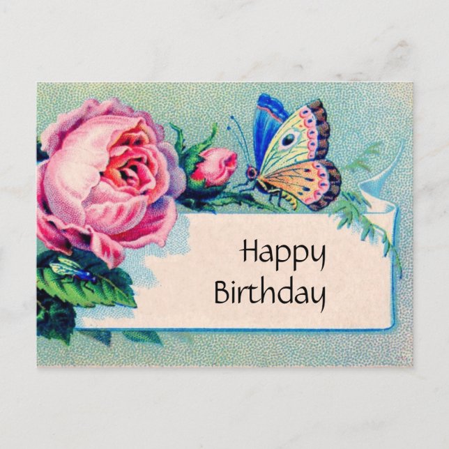 Carte Postale Rose rose et papillon : Joyeux anniversaire (Devant)