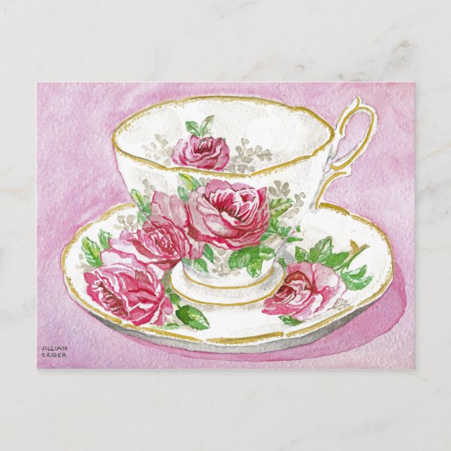Carte Postale - Rose rose Floral Aquarelle (Devant)