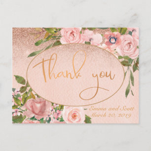 Carte Postale Rose rose or Merci  Mariage Floral