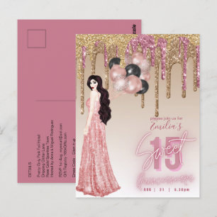 Carte Postale Rose Rose Parties scintillant or Quinceanera Brune