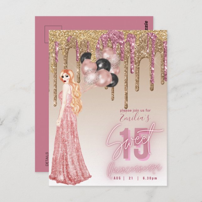 Carte Postale Rose Rose Parties scintillant or Quinceanera Red H (Devant / Derrière)