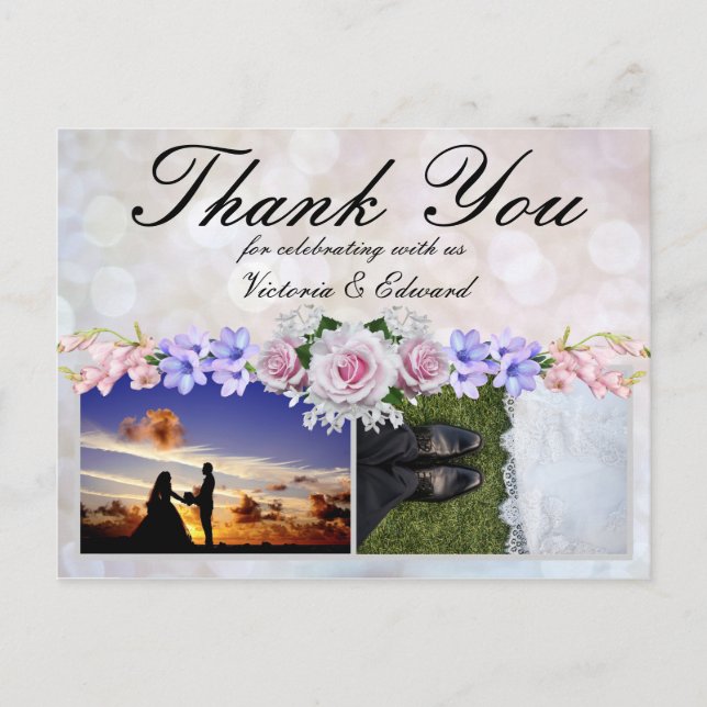 Carte Postale Rose rose rose | Mariage Merci Silver Bokeh (Devant)