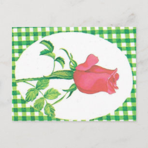 Carte Postale Rose rose vintage sur fond vert à carreaux floral