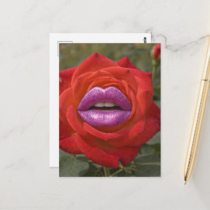 Carte Postale Rose rouge avec collage de lèvres roses