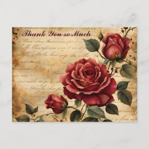 Carte Postale Rose rouge sur parchemin ancien Merci