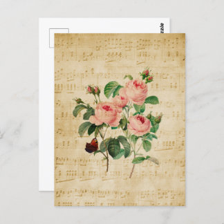 Carte Postale Rose vintage et feuille de musique
