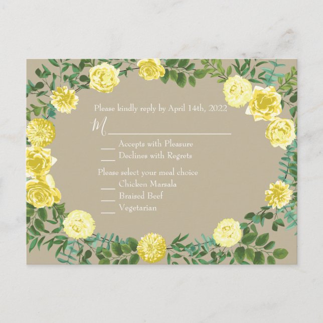 Carte Postale Rose Vintage Jaune Mariage élégant (Devant)