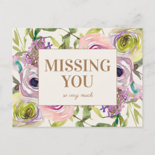 Carte Postale Rose Violet Jaune Floral Aquarelle Tu Me Manques
