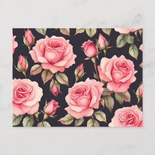 Carte Postale Roses aquarelles roses sur fond noir 