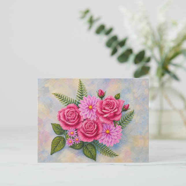 Carte Postale Roses avec Dahlias  (Debout devant)