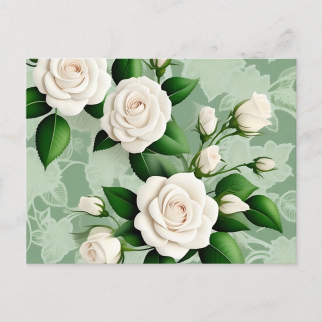 Carte Postale Roses Blanches Élégantes Sur Vert (Devant)