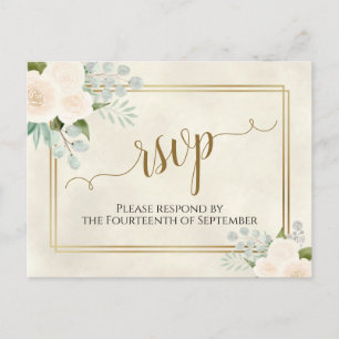Carte Postale Roses blanches et Eucalyptus Gold Wedding RSVP