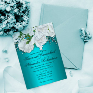 Carte Postale Roses blanches et Faire-part de mariage Aqua