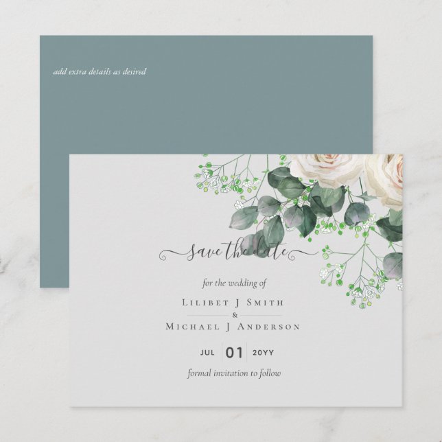 Carte Postale Roses blanches Sage Eucalyptus Mariage Dates de sa (Devant / Derrière)