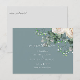 Carte Postale Roses blanches Sage Eucalyptus Mariage Dates de sa