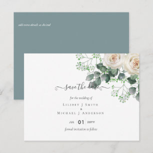 Carte Postale Roses blanches Sauge Eucalyptus Dates de mariage à