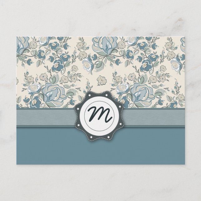 Carte Postale Roses bleu et crème avec Monogramme (Devant)