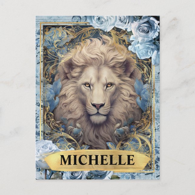 Carte Postale Roses bleues romantiques et fantasy Lion (Devant)