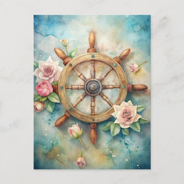 Carte Postale Roses Crème Rose Ancienne Roue de Navire Océan  (Devant)