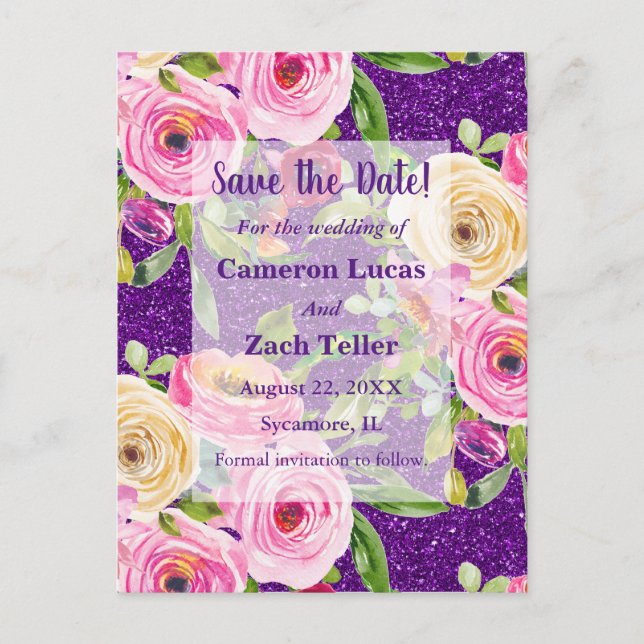 Carte Postale Roses d'aquarelle sur Parties scintillant violet E (Devant)
