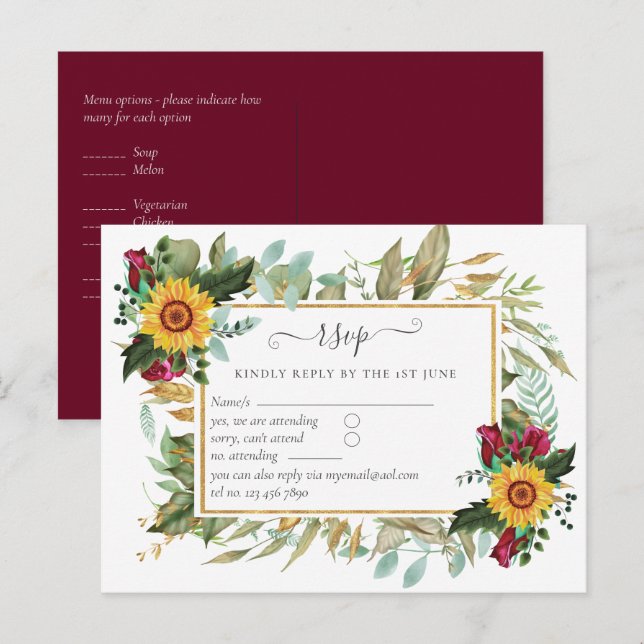 Carte Postale Roses de Bourgogne Tournesols Mariage RSVP (Devant / Derrière)