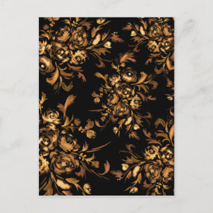 Carte Postale Roses d'or sur le modèle floral noir