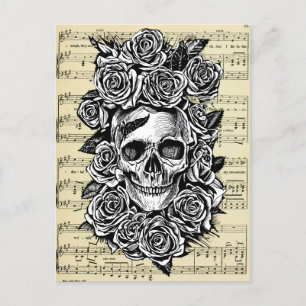 Carte Postale Roses du crâne humain Goth Biker Illustration d'ar
