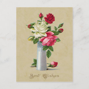 Carte Postale Roses en vase Meilleurs vœux Reproduction vintage