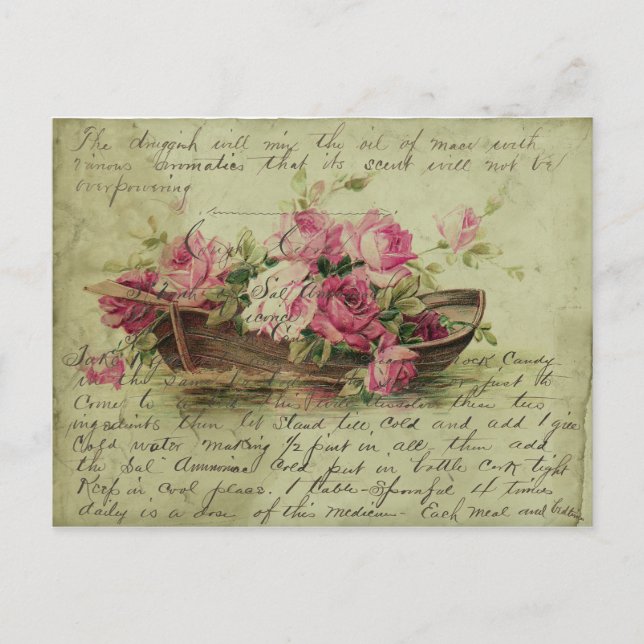 Carte Postale Roses et bateau rose vintage (Devant)