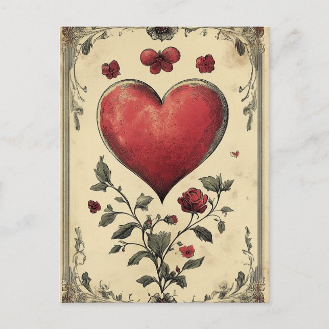 Carte Postale Roses et coeurs vintage Saint Valentin (Devant)