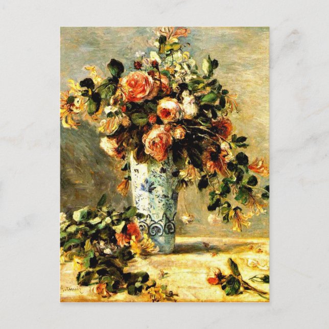 Carte Postale Roses et Jasmin dans un Vase Delft, peinture Renoi (Devant)