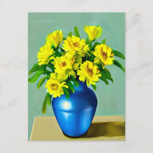 Carte Postale Roses jaunes dans un Vase bleu Boho Art