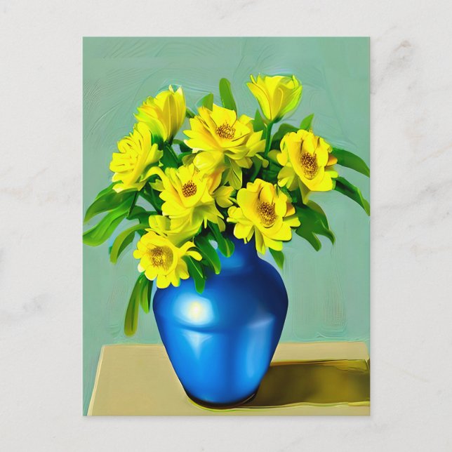 Carte Postale Roses jaunes dans un Vase bleu Boho Art (Devant)