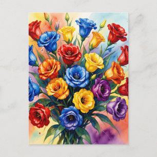 Carte Postale Roses multicolores vibrantes Lisianthus Aquarelle