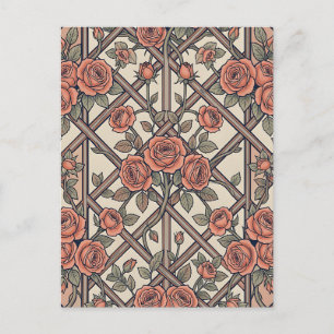 Carte Postale Roses roses corail Treillis en treillis Floral vin
