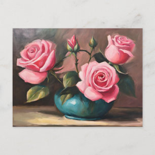 Carte Postale Roses roses en Vase Bleu Encore vie Illustration