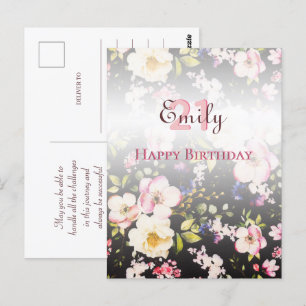 Carte Postale Roses roses et jaunes aquarelles sur fond noir, An