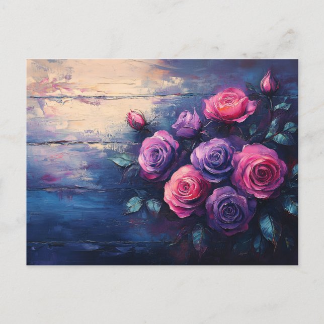Carte Postale Roses roses et violets sur bois (Devant)