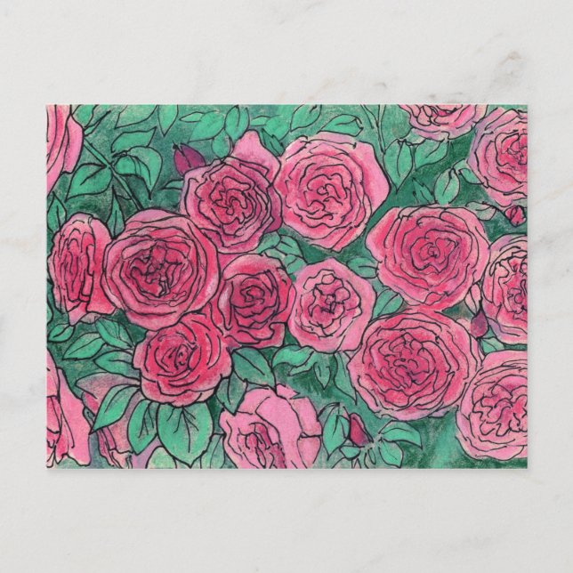 Carte Postale Roses roses, Jardin Rose, Vie Croquis d'encre Past (Devant)