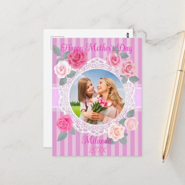 Carte Postale Roses roses joyeuse fête des mères (Devant/Arrière en situation)