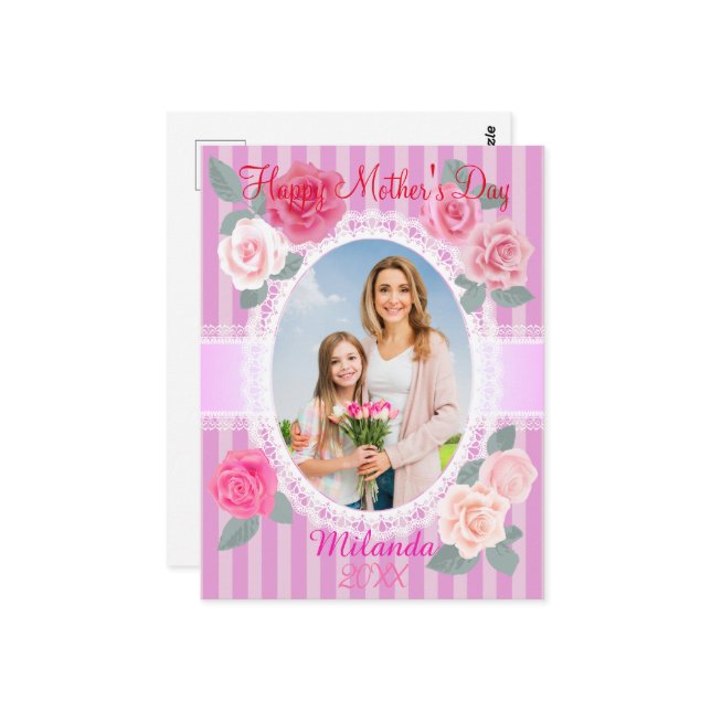 Carte Postale Roses roses joyeuse fête des mères (Devant/Arrière en situation)