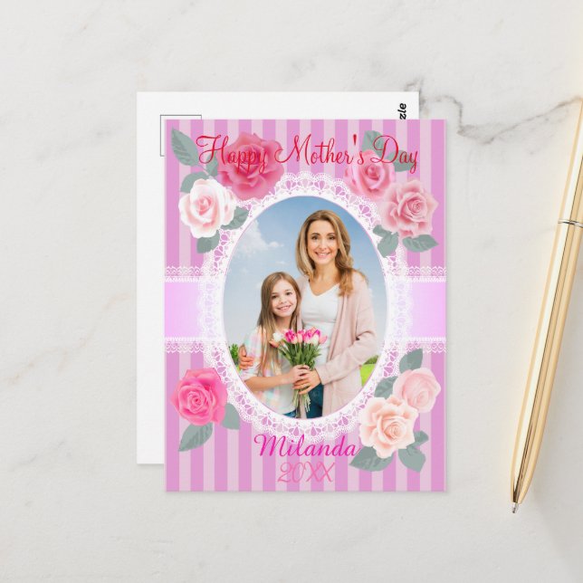 Carte Postale Roses roses joyeuses Fête des Mères (Devant/Arrière en situation)