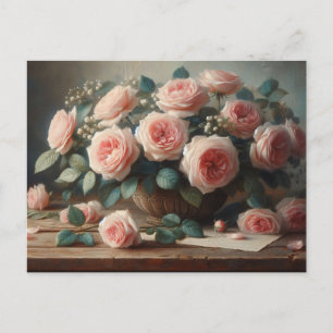 Carte Postale Roses roses romantiques Peinture à l'huile florale