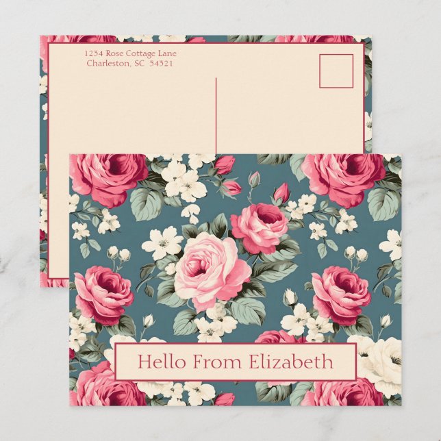 Carte Postale Roses Roses Roses sur Fond Bleu Profond (Devant / Derrière)