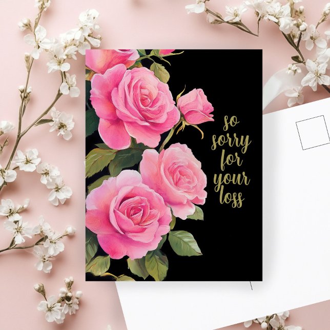 Carte Postale Roses roses SORRY POUR LA PERTE CONDOLÉANCES PERSO (Pink Roses SORRY FOR LOSS CUSTOM Condolences Postcard
)