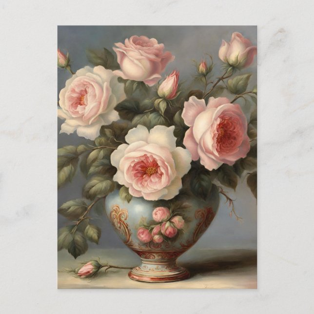 Carte Postale Roses roses victoriennes dans un vase (Devant)